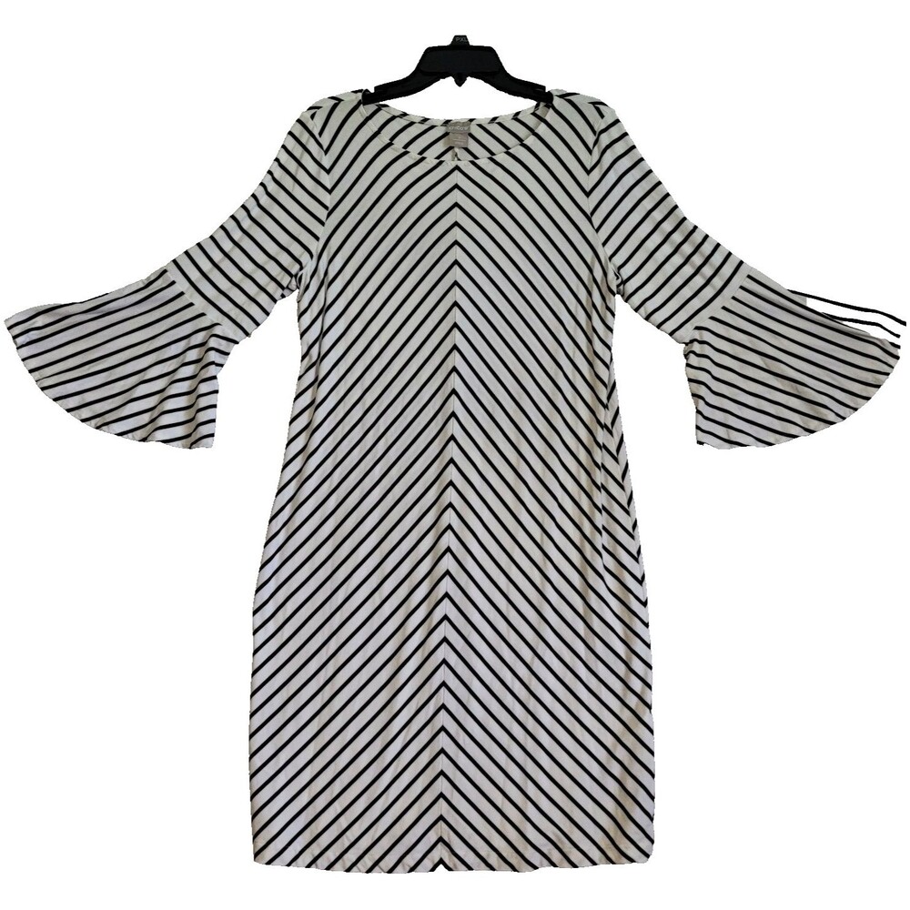 Chico’s Dress Women 12/14 White Black Stripe Bell Sleeve Midi Shift